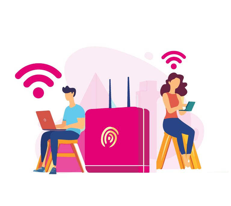 A boy sitting by a large pink broadband router, using a laptop, while a girl on the other side uses high-speed internet on her mobile, with visible WiFi signals showing reliable connectivity.